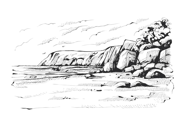 Vetor esboço da costa rochosa ilustração vetorial desenhada à mão