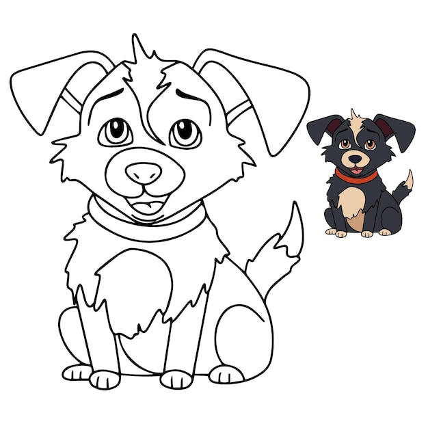 Vetor esboço da página para colorir de um desenho animado sorrindo um cachorrinho fofo coloração de ilustração vetorial colorida