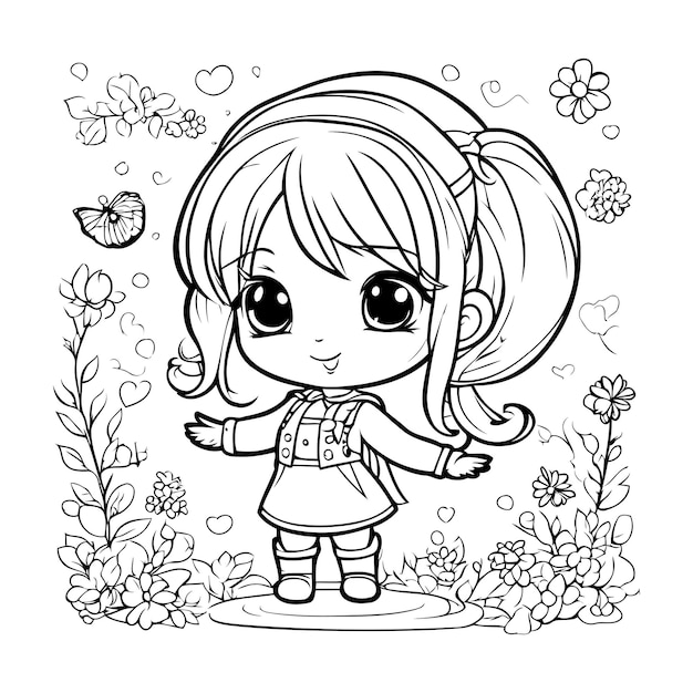 Desenho de Garota de desenho animado com flor para colorir