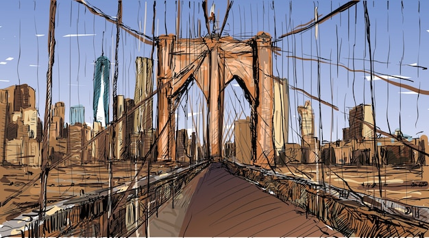 Vetor esboço da paisagem urbana em nova york mostra a ponte do brooklyn e um edifício, ilustração vetorial