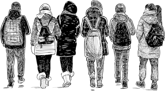 Esboço de amigos da escola indo para casa ilustração vetorial desenhada à mão isolada em branco