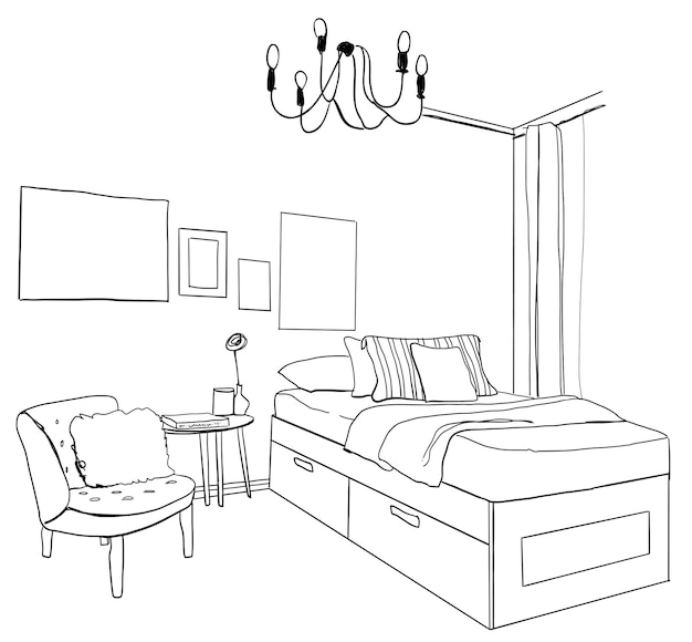 Esboço de arte interior gráfica de quarto de criança em preto e branco