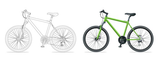 Esboço de bicicleta de contorno isolado no fundo branco. modelo de bicicleta de montanha para ciclomotor, marca de moto e publicidade. ilustração vetorial