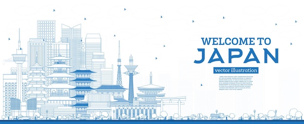 Esboço de boas-vindas ao horizonte do japão com edifícios azuis. conceito de turismo com arquitetura histórica. paisagem urbana do japão com pontos turísticos. tóquio. osaka. nagoya. quioto.