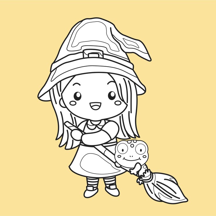 Vetor esboço de carimbo digital de desenho animado fofo de bruxa e sapo de halloween