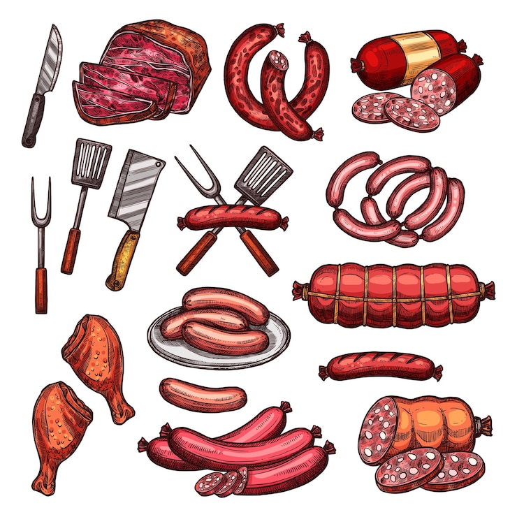 Vetor esboço de carne e salsicha grelhada para design de churrasco