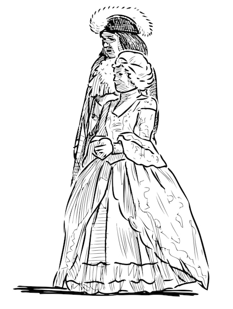 Esboço de casal de pessoas em trajes históricos do século xviii