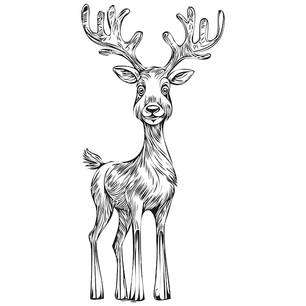 Vetor esboço de cervo de renas de natal desenhado à mão em gravura vintage em preto e branco isolado tinta vetorial esboços modelo para cartão de saudação cartaz logotipo de convite