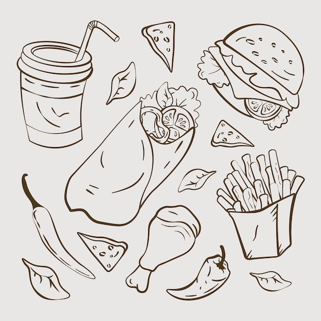 Vetor esboço de comida de rua vetor desenhado à mão e hambúrguer na ilustração