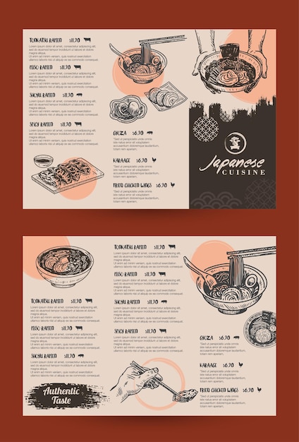 Esboço de comida modelo de menu japonês ramen e gyoza vetor grátis