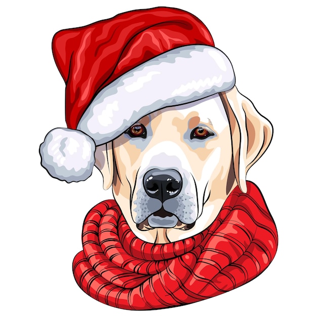 Esboço de cor vetorial da raça labrador retriever de cachorrinho com chapéu vermelho de papai noel