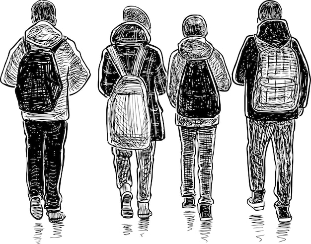 Esboço de crianças em idade escolar indo para casa