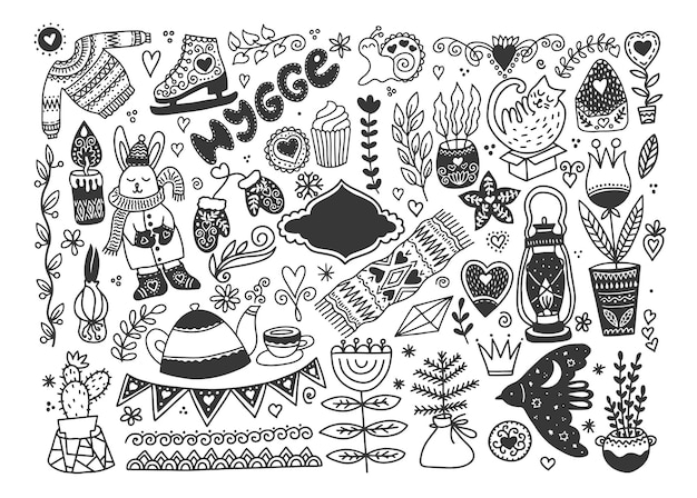 Esboço de desenho aconchegante hygge escandinavo conjunto doodle coleção vetorial