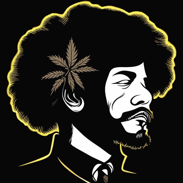 Vetor esboço de desenho animado homem asiático bigode com penteado afro cabelo feito de folha de cannabis doodle arte de linha