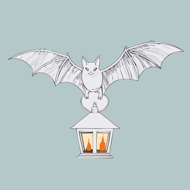Vetor esboço de desenho de cartão de halloween morcego humorístico voando para um conceito de ilustração de lanterna