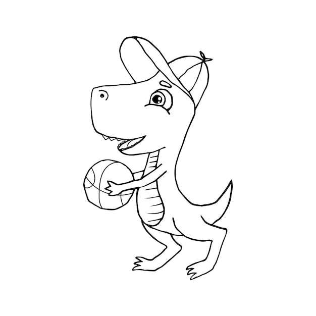 Esboço de desenho de dinossauro de desenho animado engraçado doodle desenhado à mão para crianças, livro de colorir ou design little trex com uma bola de basquete