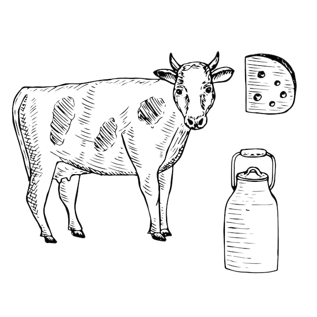 Esboço de desenho de mão de ilustração vetorial de vaca e produtos lácteos