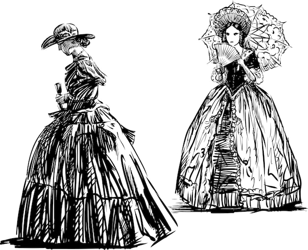 Esboço de duas senhoras em vestidos vintage