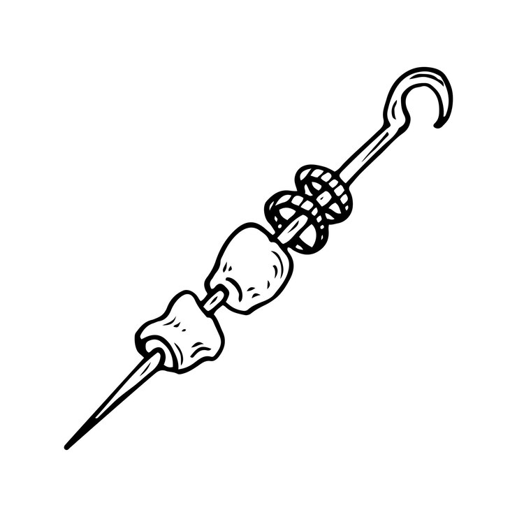Vetor esboço de espeto de kebab comida no fogo carne e legumes grelhados ilustração desenhada à mão