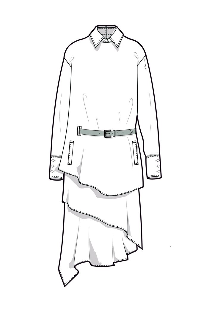 Vetor esboço de estilo de moda desenhado à mão ilustração de contorno de colarinho de vestido longo elegante