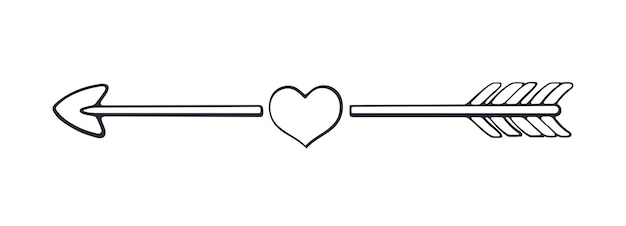 Vetor esboço de flecha de cupido quebrada com um coração no meio ilustração vetorial do símbolo do dia dos namorados