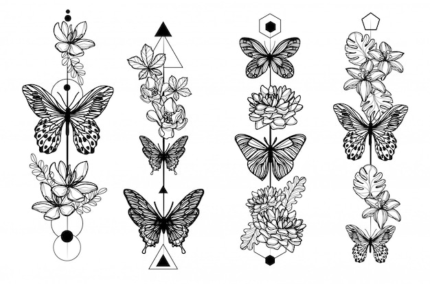 Esboço de flores e borboleta preto e branco de arte de tatuagem