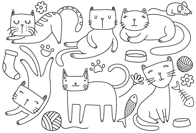 Esboço de gatos engraçados doodle.