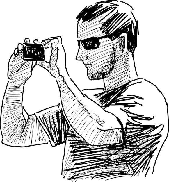 Esboço de jovem barbudo em óculos de sol tirando foto em seu smartphone