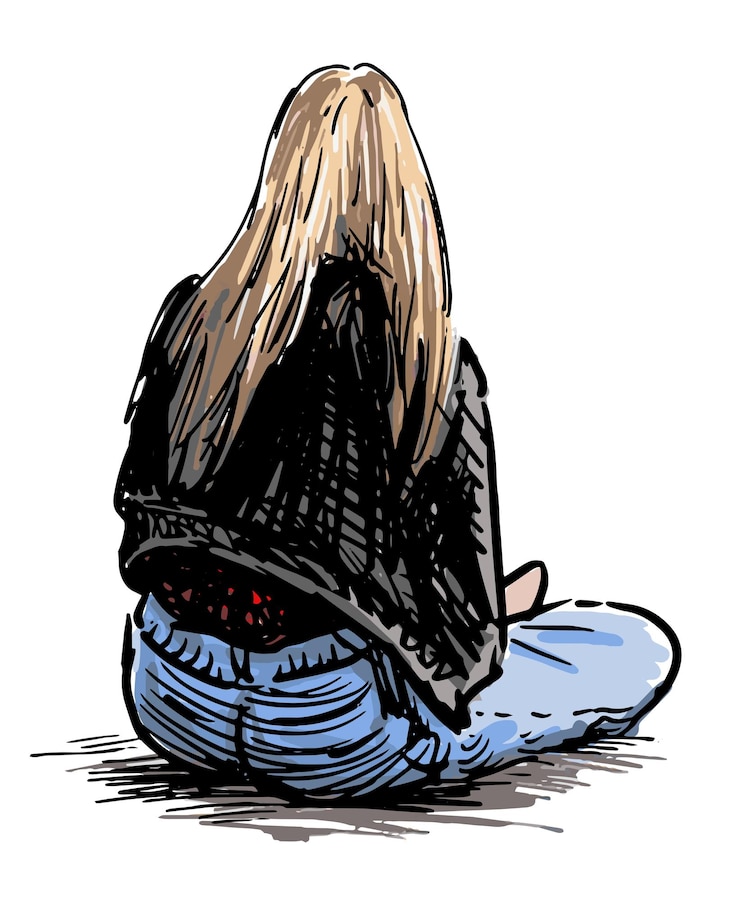 Vetor esboço de jovem garota moderna loira em calças jeans sentada para descansar ao ar livre vista traseira realista desenhada à mão