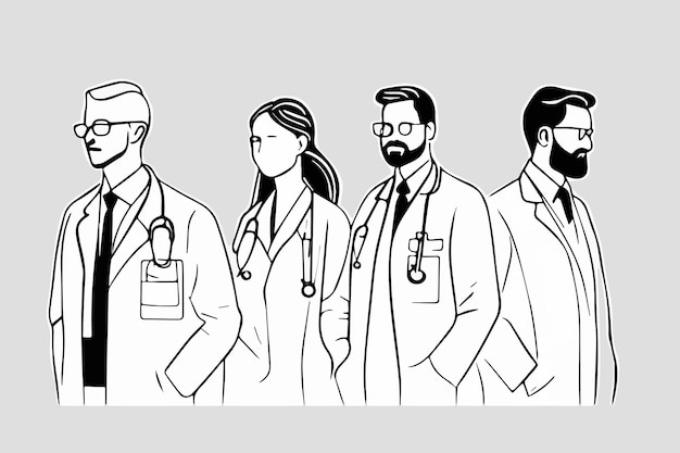 Esboço de linha de arte vetor da equipe de médicos no fundo. ilustração vetorial.