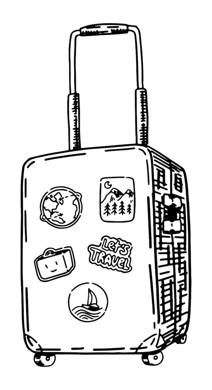 Vetor esboço de mala com adesivos bagagem de viagem atributo de viagem de bagagem ilustração vetorial desenhada à mão