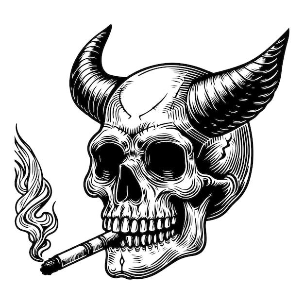 Esboço de mão arte de linha preta crânio ossos cruzados com ilustração vetorial de cigarro ou tabagismo