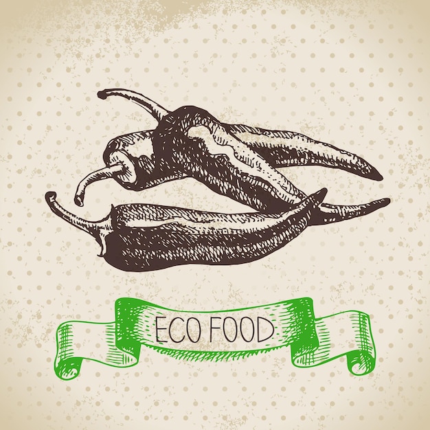 Esboço de mão desenhada chili peppers vegetal. Eco food background. Ilustração em vetor