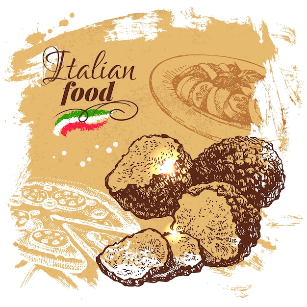 Esboço de mão desenhada fundo de comida italiana. ilustração em vetor. projeto do menu do restaurante