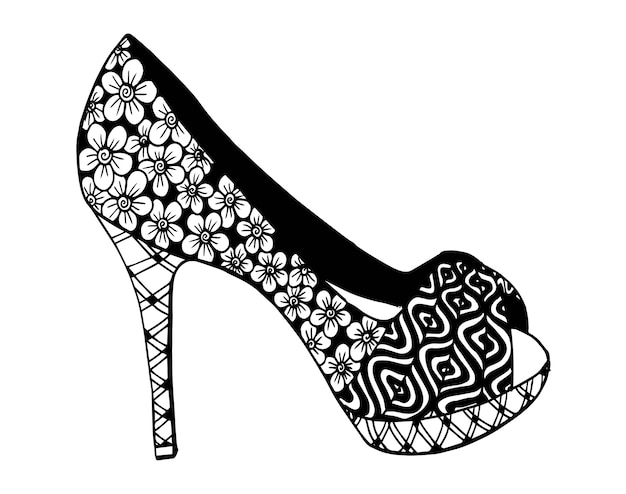 Esboço de mão desenhada ilustração de sapato de salto alto ornamental