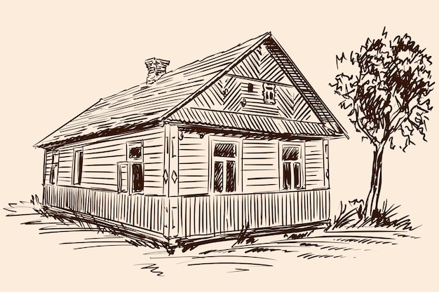 Esboço de mão sobre um fundo bege. Antiga casa de madeira rústica e árvore perto da construção.