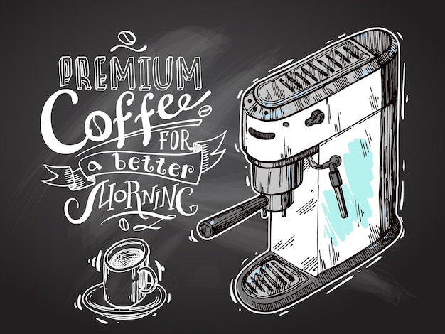 Esboço de máquina de café ilustração vetorial desenhada à mão café premium para uma manhã melhor