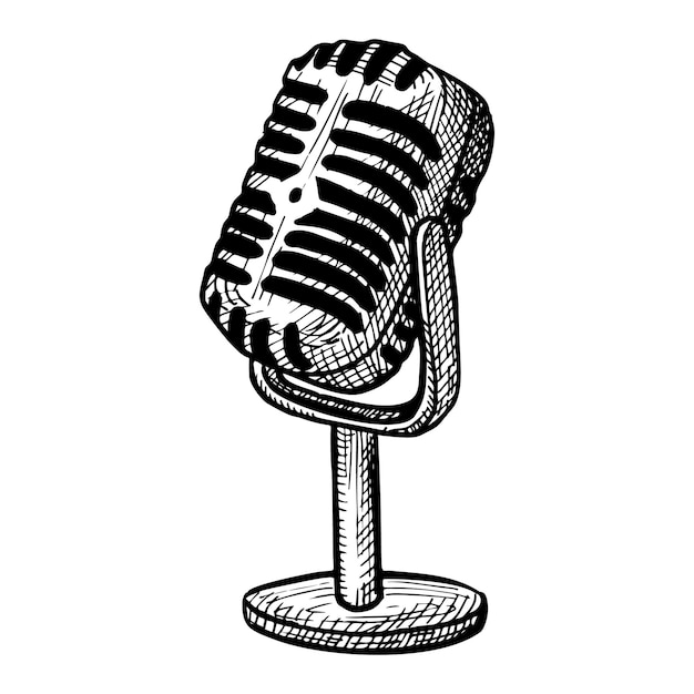Esboço de microfone retrô isolado equipamento de música para karaokê em estilo desenhado à mão design gravado para tatuagem de ícone de logotipo de ilustração de livro de impressão de pôster ilustração em vetor vintage