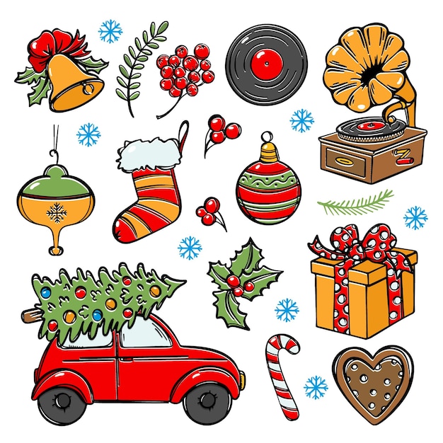 Esboço de natal de modo retro presentes e árvore de entrega de carros