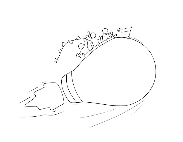 Esboço de pessoas pequenas a trabalhar com ideia de lâmpada voadora. Doodle cena em miniatura fofa de trabalhadores criativos. Desenho cartoon para design de negócios e infográfico.