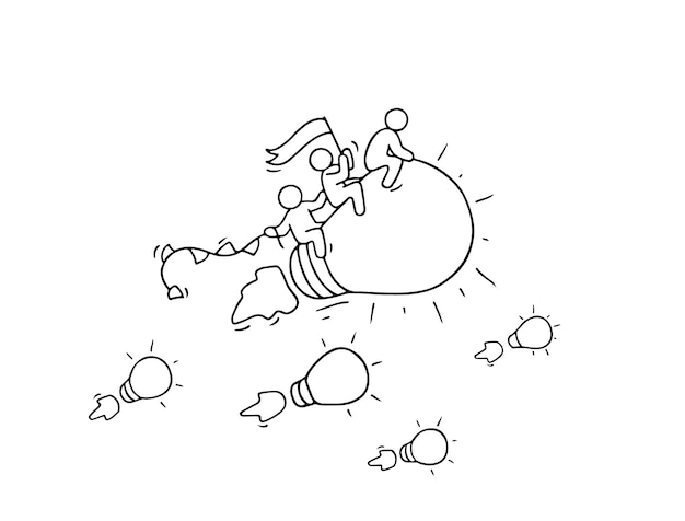 Esboço de pessoas pequenas a trabalhar com ideia de lâmpada voadora. Doodle cena em miniatura fofa de trabalhadores criativos. Mão-extraídas ilustração vetorial dos desenhos animados para design de negócios e infográfico.