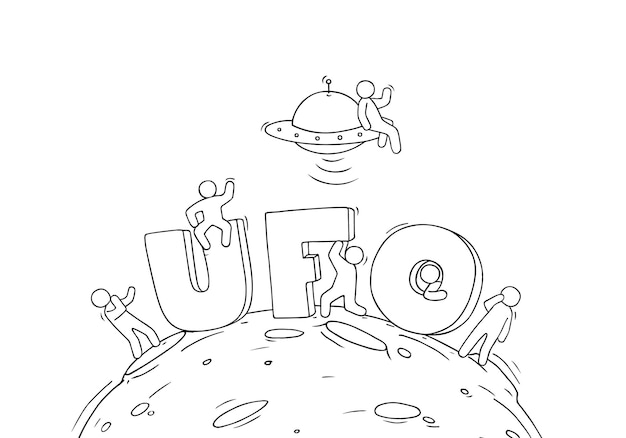 Esboço de pessoas pequenas com a palavra UFO. Doodle uma cena em miniatura fofa sobre o cosmos. Mão-extraídas ilustração vetorial dos desenhos animados.