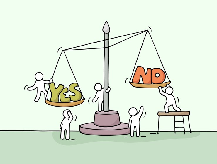 Vetor esboço de pessoas trabalhando em escala. doodle uma cena em miniatura fofa de trabalhadores escolhendo entre sim e não. mão-extraídas ilustração dos desenhos animados para design de negócios e finanças.