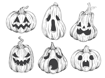 Esboço de rosto de abóbora desenho abóboras de halloween rostos  assustadores ou felizes gravura jack lanterna para decoração de outono  livro de arte fantasma assustador doodle cabaça vetor ilustração de esboço  abóbora