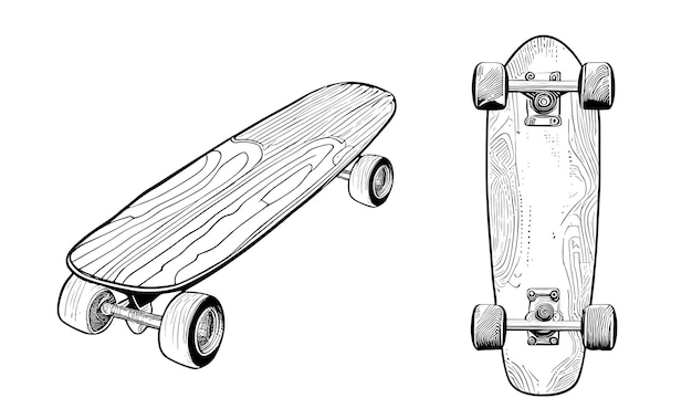 Esboço de skate, desenhado à mão em estilo doodle ilustração em vetor de esporte de rua