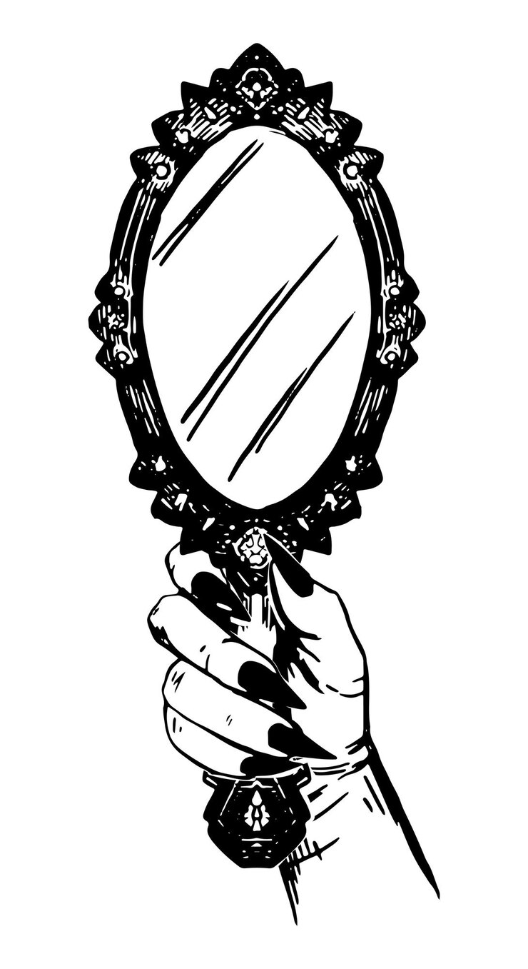 Vetor esboço de tinta da mão da bruxa segurando um espelho ilustração vetorial de halloween clipart de contorno retrô para decoração isolada em branco