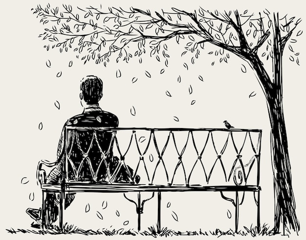Esboço de um homem sentado no banco do parque