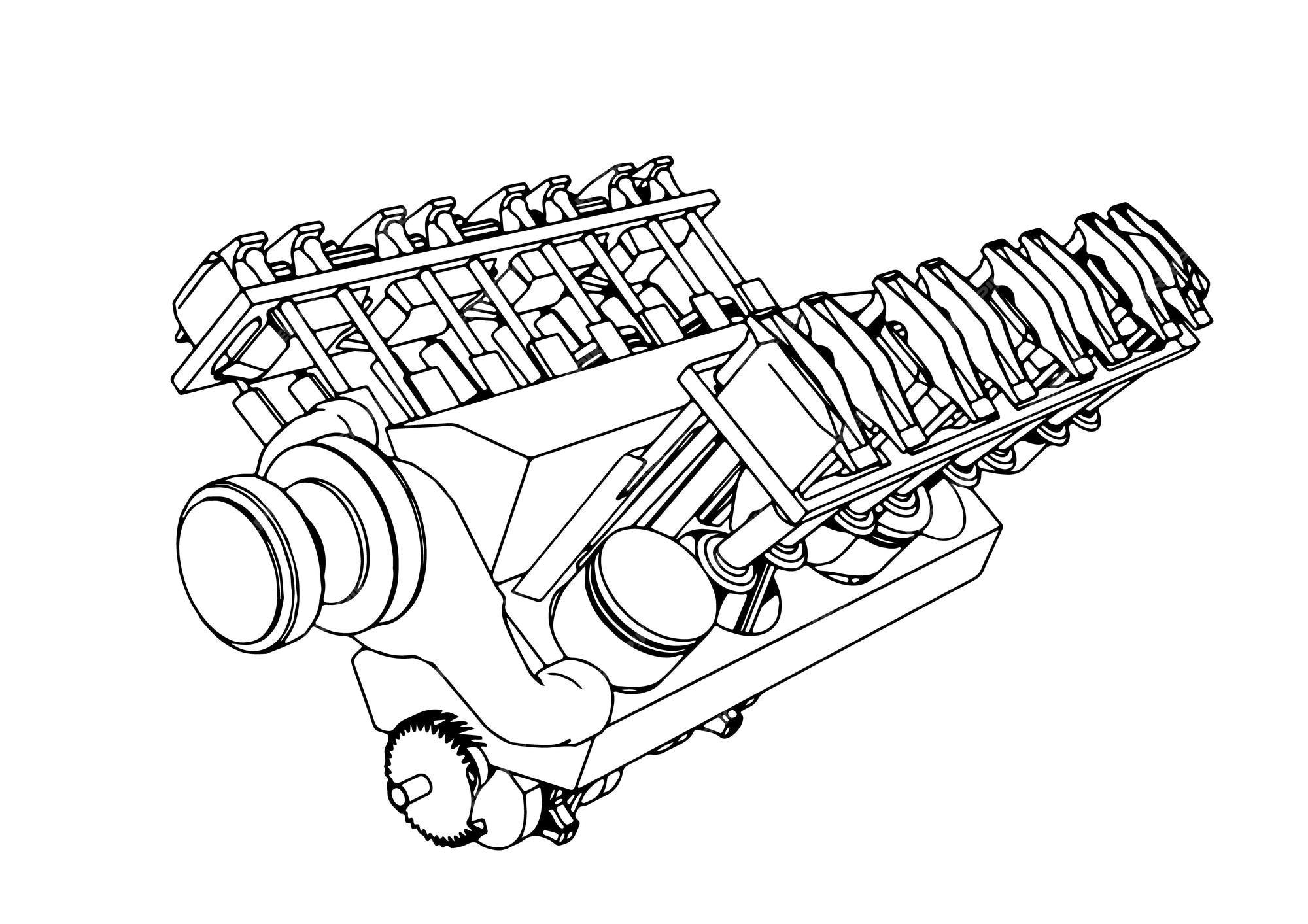 Desenho de um motor de combustão interna em um vetor de fundo branco