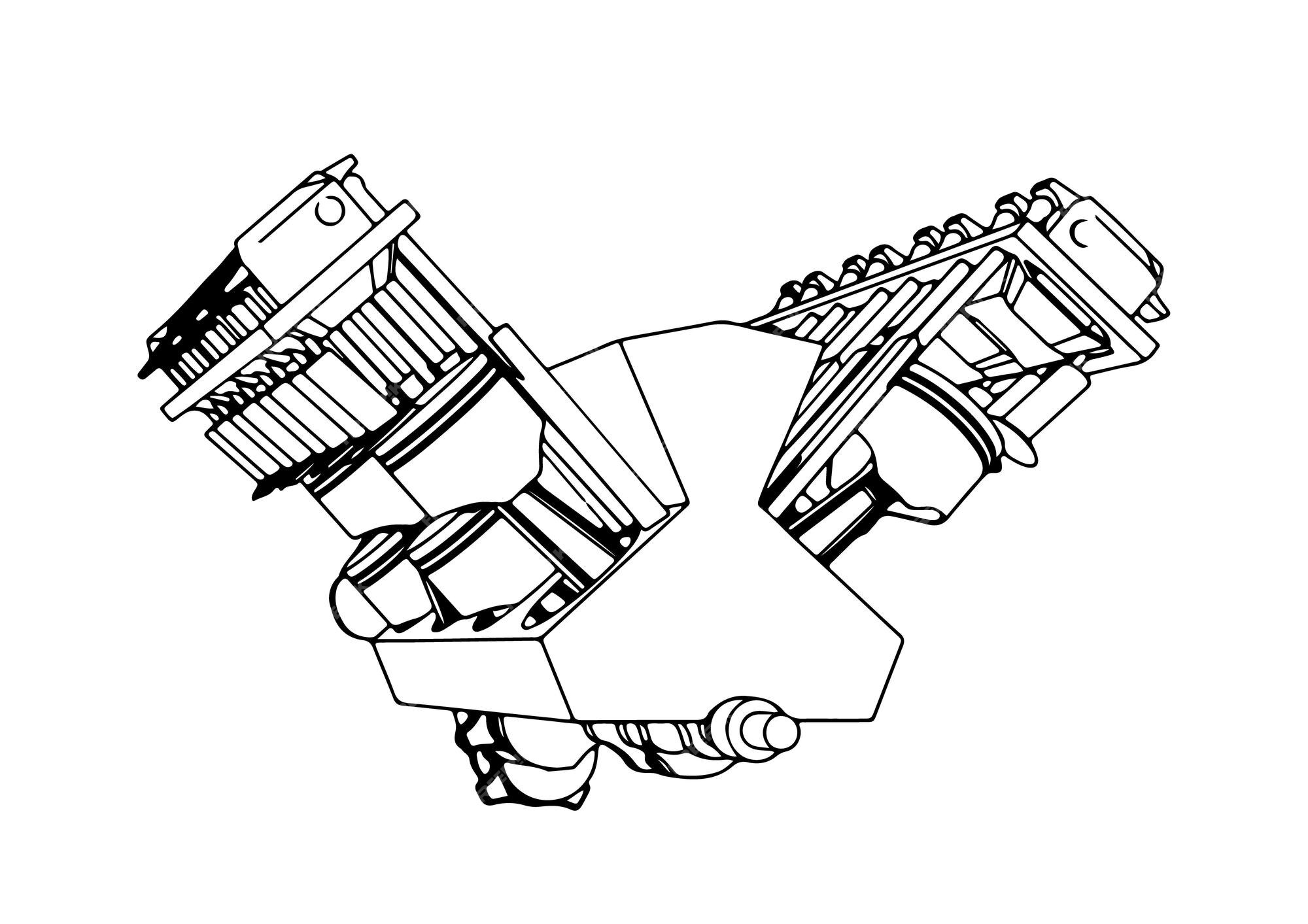 Desenho de um motor de combustão interna em um vetor de fundo branco