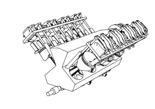 Desenho de um motor de combustão interna em um vetor de fundo branco